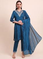 Silk Blend Aqua Blue Festival Wear Embroidery Work Readymade Kurti Set